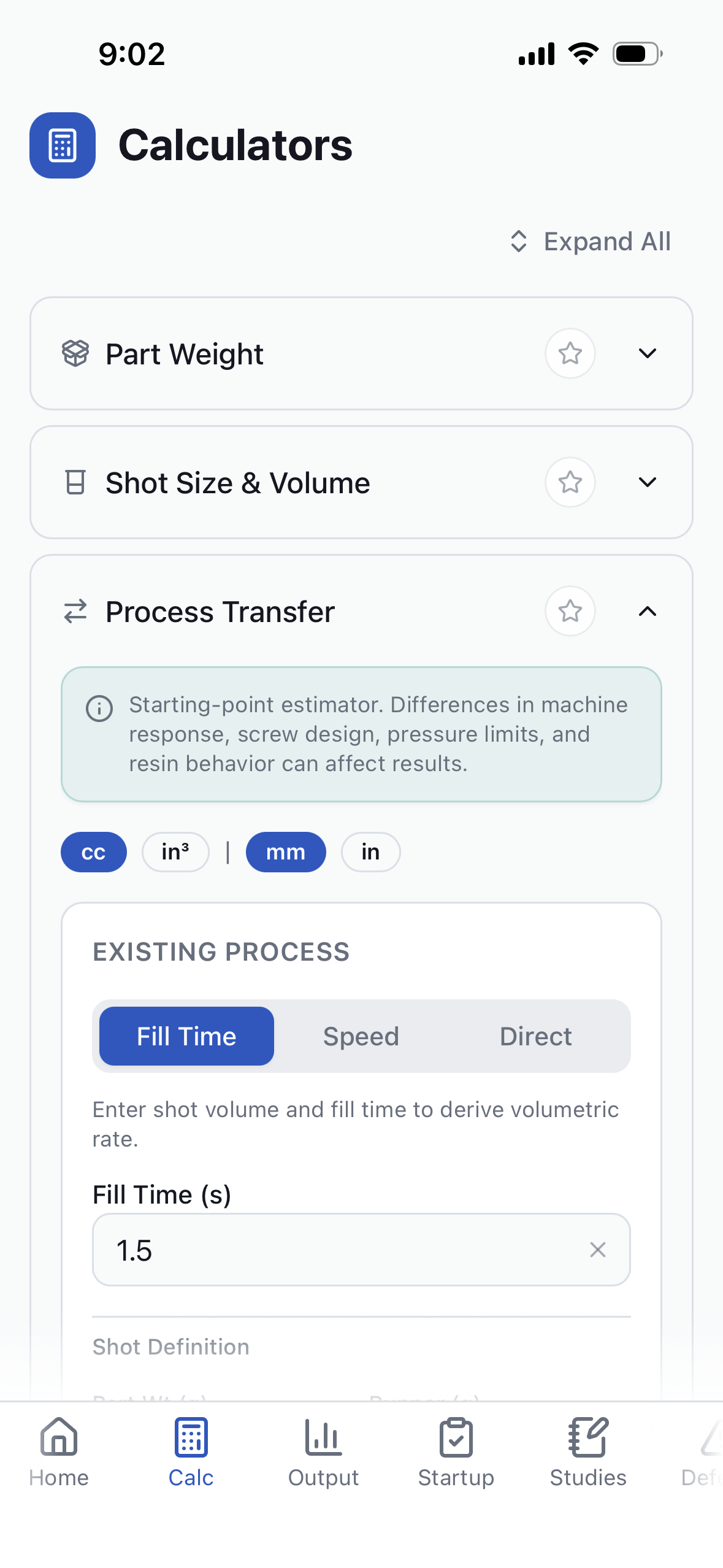 Calculators screen showing part weight, shot size, and process transfer sections