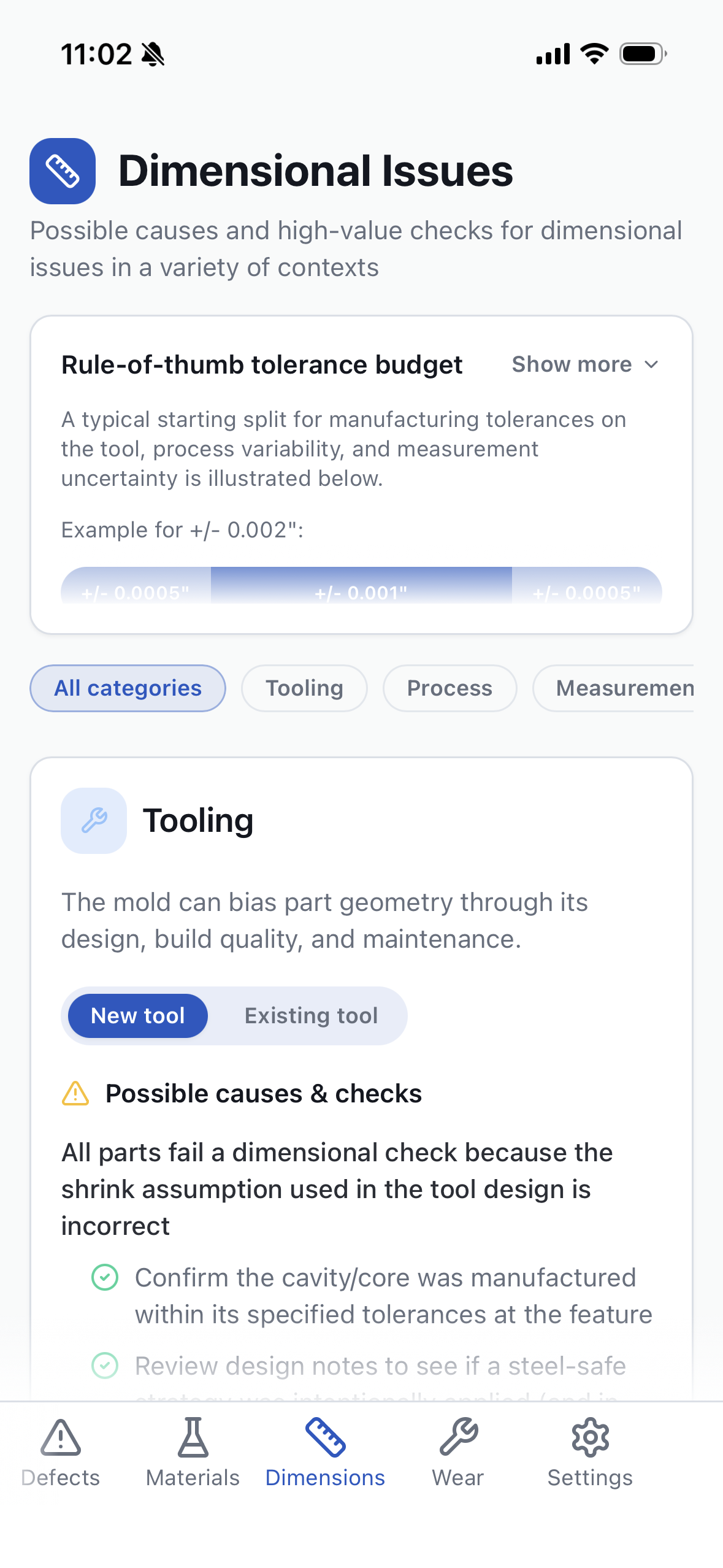 Dimensional Issues reference showing tooling category and tolerance budget