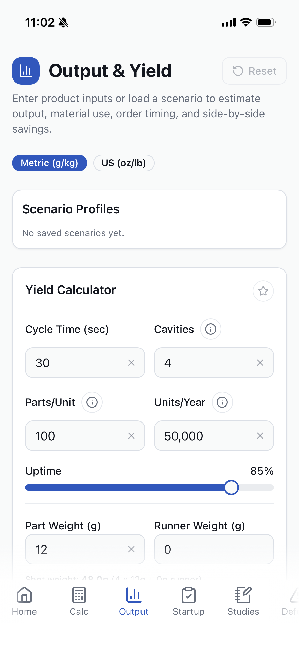 Output and Yield calculator showing run time, material, and schedule estimates