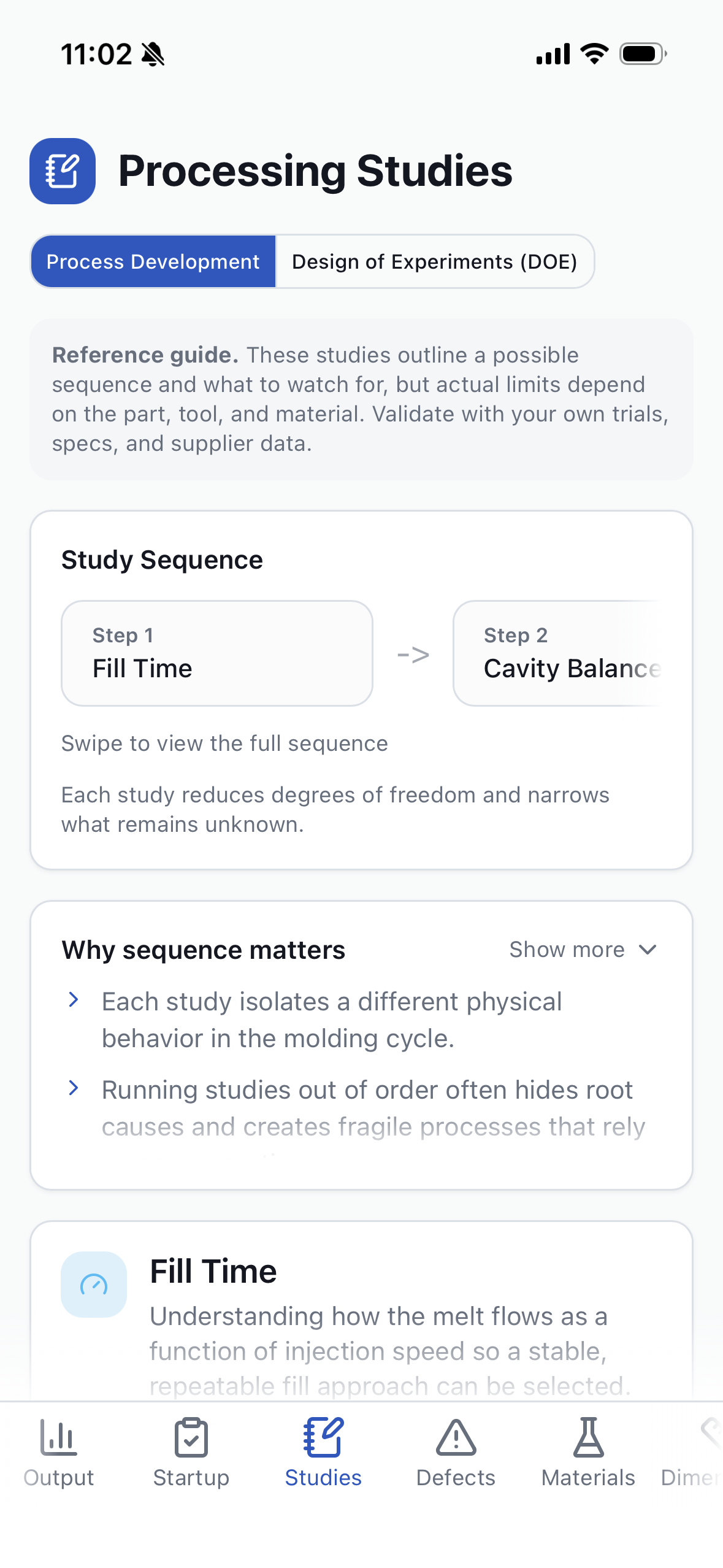 Processing Studies screen with process development sequence cards