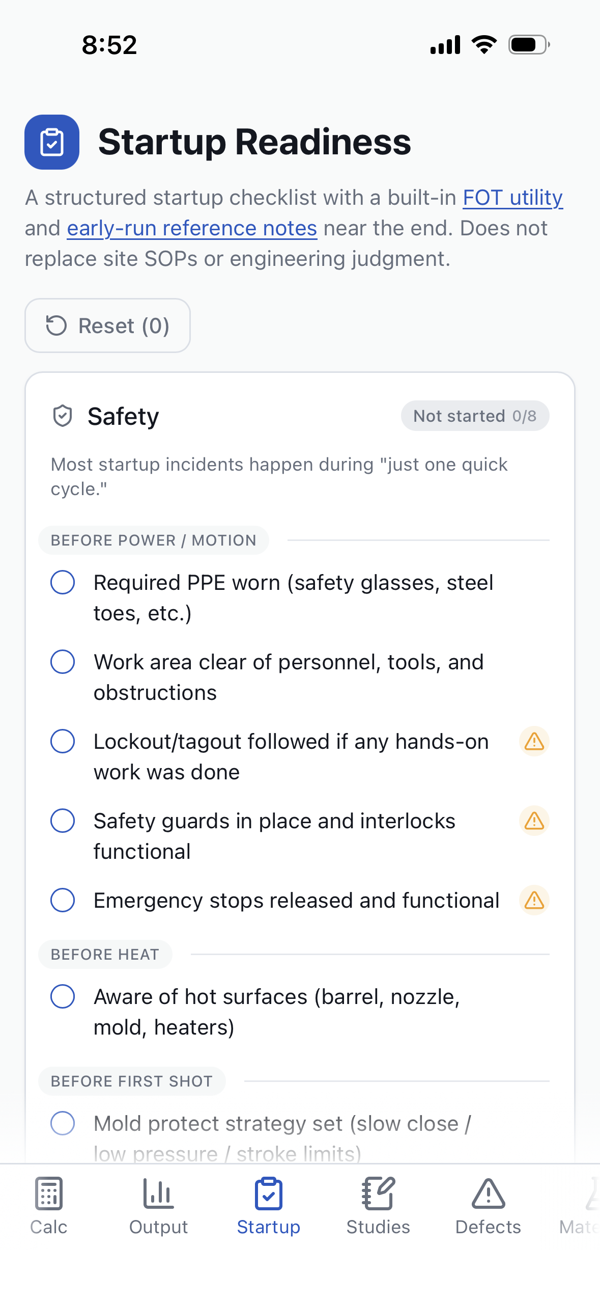 Startup Readiness checklist showing safety checks and readiness sections
