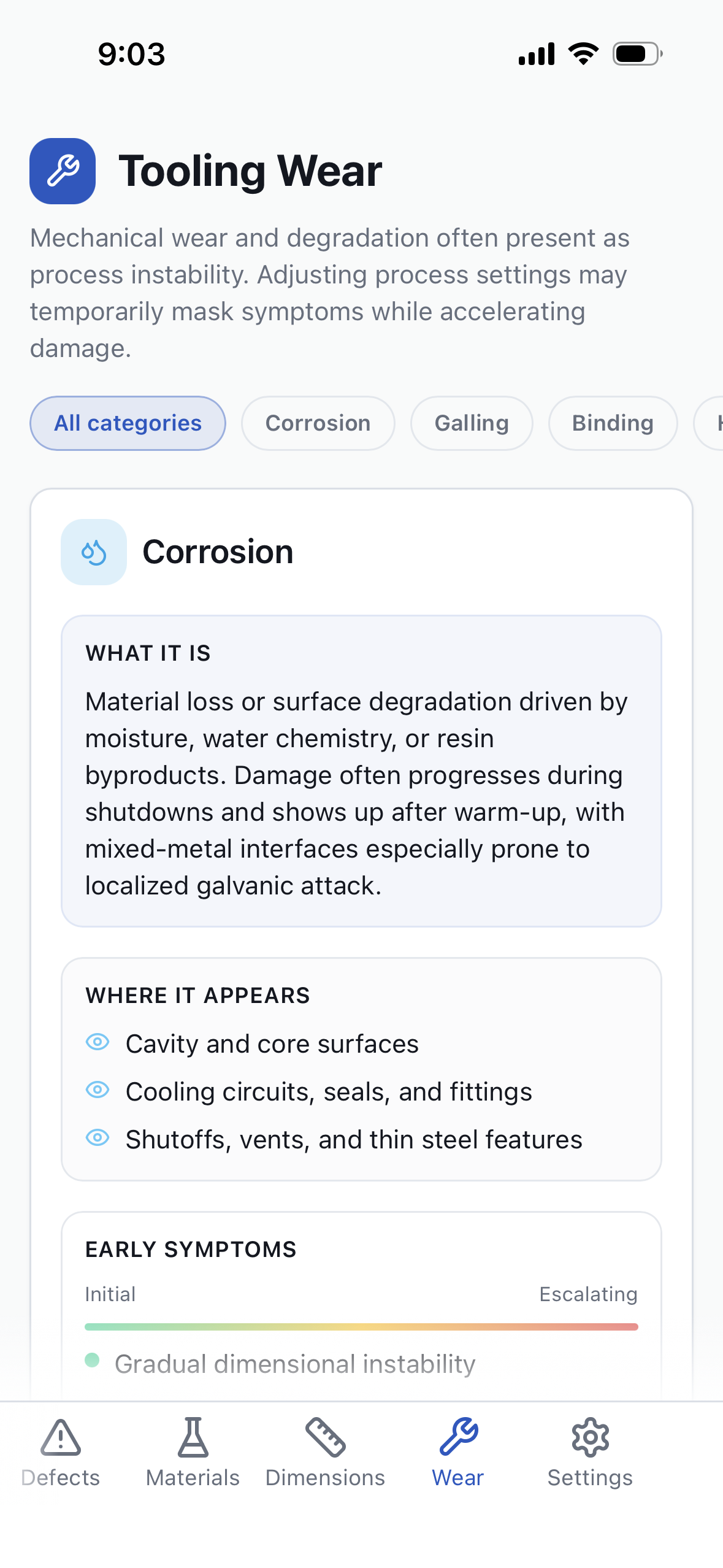 Tooling Wear reference with corrosion card and early symptoms